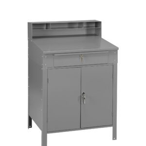 A grey metal workstation with a flat top, featuring a lockable drawer below it. Beneath the drawer are two lockable cabinet doors. The back of the workstation includes small open shelves for storage.