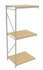 Metal storage rack with three wooden shelves. The structure is tall and has a minimalist design, with the shelves evenly spaced. The metal frame is grey, and the wooden shelves have a light brown finish.