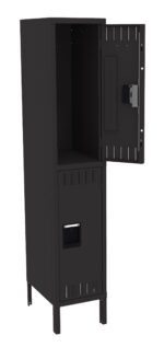 A black metal storage locker with a tall, narrow design. The top door is open, revealing an empty interior, while the bottom door remains closed. The locker stands on four legs.