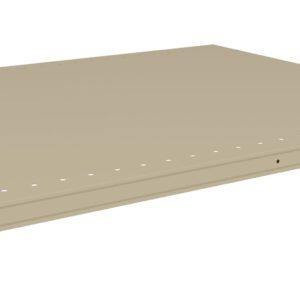 Illustration of a beige rectangular platform bed base with a simple design, featuring multiple small evenly spaced holes along the edges. The base has four metal brackets at the corners for support.