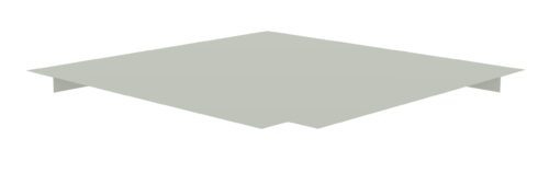 Minimalist illustration of a light gray, angular geometric shape resembling an abstract platform or roof, with three connected planes creating a raised, flat surface. The background is plain white.