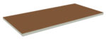 A rectangular brown tabletop with a white edge, positioned at an angle on a plain background.