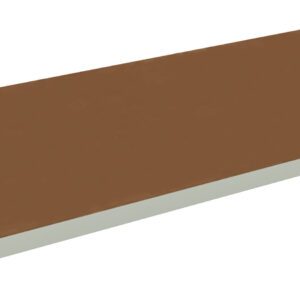 A rectangular brown tabletop with a white edge, positioned at an angle on a plain background.