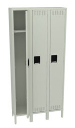 A three-door metallic locker with one door open, revealing an empty interior. The locker is light gray and stands on four legs. Each door features a black rectangular handle and small ventilation slots near the top.