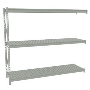 A gray metal wall shelf with three horizontal slatted tiers, supported by vertical beams on the left side. The design is minimal and industrial, suitable for storage or display. The background is plain.