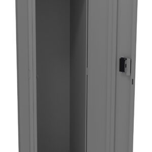 A tall, gray metal locker is open, showing a hanging rod inside. The locker has a plain design with a single door and a lock mechanism on the right side. The interior is empty, highlighting its spaciousness.