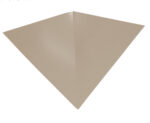 A triangular, beige paper napkin folded symmetrically, forming a pointed shape with sharp edges, displayed against a plain white background.