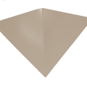 A triangular, beige paper napkin folded symmetrically, forming a pointed shape with sharp edges, displayed against a plain white background.