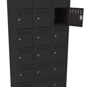 A black multi-compartment locker with three columns and six rows, featuring a total of 18 lockable compartments. The door of one compartment is open, revealing the empty interior.
