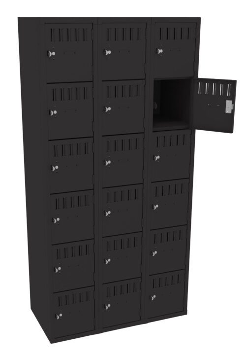 A black multi-compartment locker with three columns and six rows, featuring a total of 18 lockable compartments. The door of one compartment is open, revealing the empty interior.