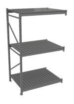 A metal shelving unit with three evenly spaced horizontal shelves. The structure is open on all sides with supportive cross-braces, suitable for storage or organizational use. Its industrial design features a grey finish.