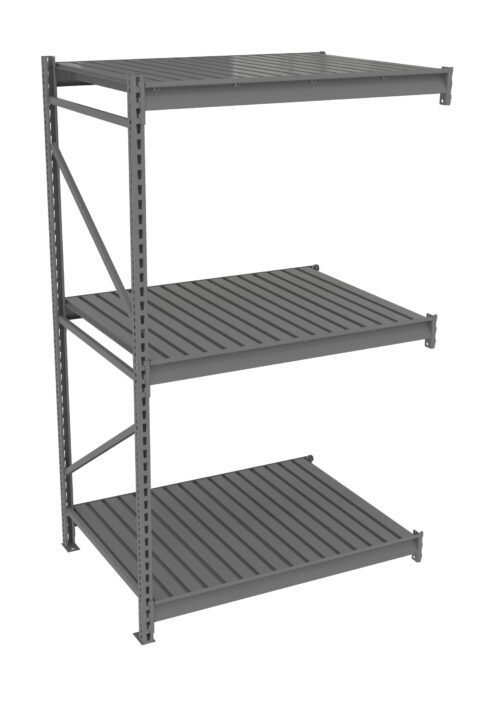 A metal shelving unit with three evenly spaced horizontal shelves. The structure is open on all sides with supportive cross-braces, suitable for storage or organizational use. Its industrial design features a grey finish.