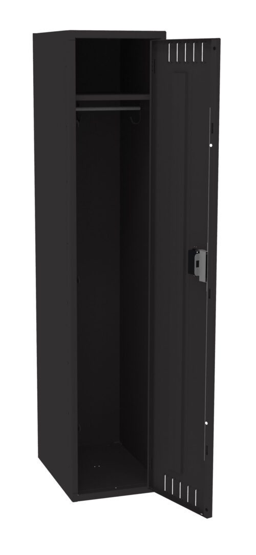 ssvnor7ogmuc5qjosucn.jpg A tall, black metal locker with an open door, displaying an empty interior. The inside features a clothing rod and a hook. The locker has vented slits on the door and a small lock mechanism. Theres no visible content inside.