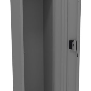 Gray metal locker with an open door, revealing an empty interior. Inside, there is a horizontal bar at the top for hanging items and several hooks on the sides. The locker has a simple, minimalist design.