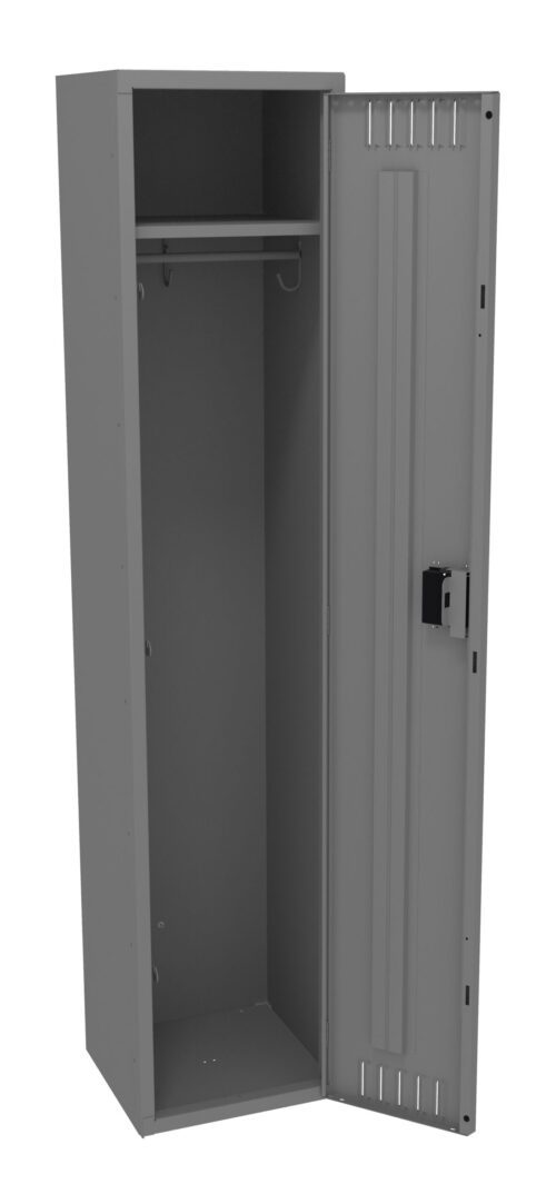 Gray metal locker with an open door, revealing an empty interior. Inside, there is a horizontal bar at the top for hanging items and several hooks on the sides. The locker has a simple, minimalist design.