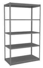 A gray, five-tier metal shelving unit with an open design and perforated side beams, shown against a white background.