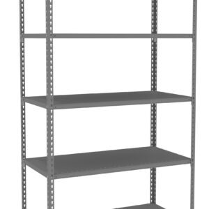 A gray, five-tier metal shelving unit with an open design and perforated side beams, shown against a white background.
