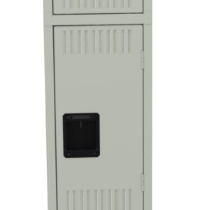 A tall, beige metal locker with three compartments stacked vertically. Each compartment has a black rectangular handle and vent slats for ventilation. The locker is set against a white background.