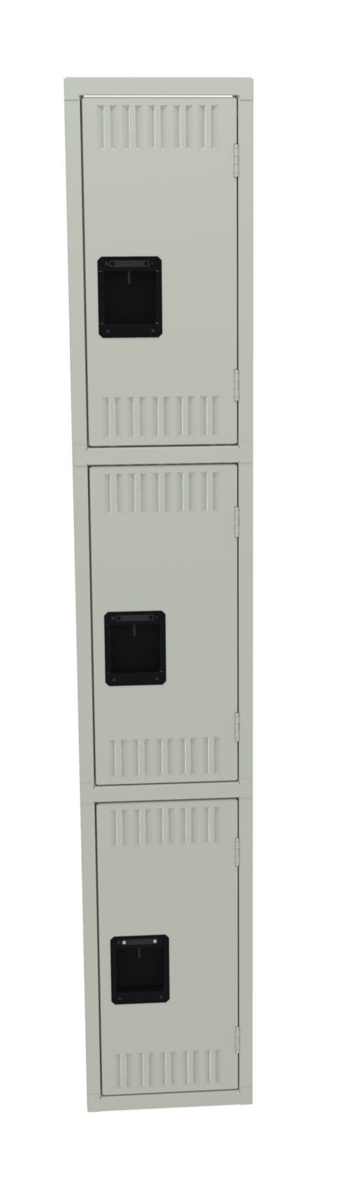 st8jv0kxuoiiuwysq5yt.jpg A tall, beige metal locker with three compartments stacked vertically. Each compartment has a black rectangular handle and vent slats for ventilation. The locker is set against a white background.