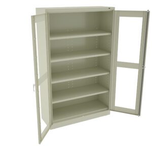 Open beige metal storage cabinet with five empty shelves, transparent doors, and a locking mechanism on the side. The cabinet is resting on a white background, showing its interior storage space.