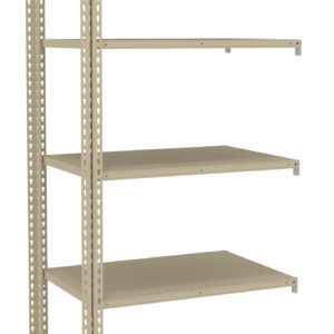 A beige metal shelving unit with an open design featuring five adjustable shelves. It has a sturdy, industrial appearance with perforated edges on the vertical supports for easy shelf positioning. The unit is empty and freestanding.