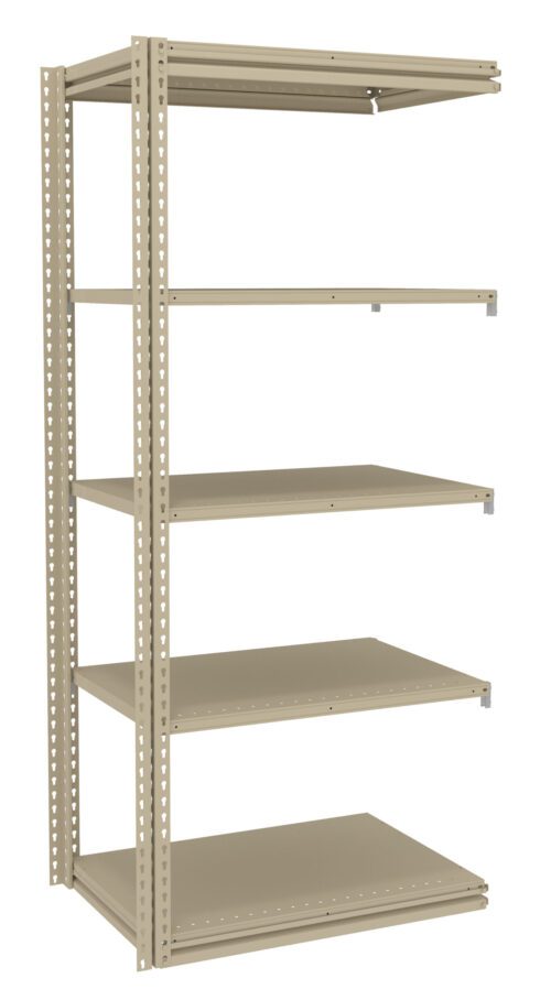 stkbjjwon4zizzfimqnv.jpg A beige metal shelving unit with an open design featuring five adjustable shelves. It has a sturdy, industrial appearance with perforated edges on the vertical supports for easy shelf positioning. The unit is empty and freestanding.