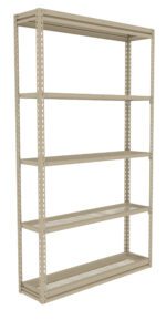 A beige metal shelving unit with five perforated shelves, displaying a simple, industrial design. The unit is empty, set against a white background.