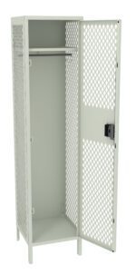 A tall, light green metal locker with a perforated diamond pattern design. The locker is open, revealing an empty interior with a single clothing rod at the top. The door is partially ajar.