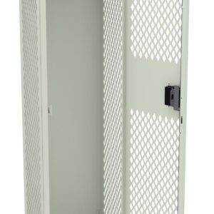 A tall, light green metal locker with a perforated diamond pattern design. The locker is open, revealing an empty interior with a single clothing rod at the top. The door is partially ajar.