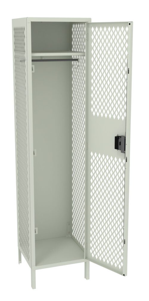 stvrhhcqqaf7enqjji2u.jpg A tall, light green metal locker with a perforated diamond pattern design. The locker is open, revealing an empty interior with a single clothing rod at the top. The door is partially ajar.