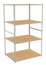 A metal-framed shelving unit with four wooden shelves, evenly spaced. The structure is freestanding and has a simple, industrial design, suitable for storage in a garage or warehouse. The shelves are a light brown color.