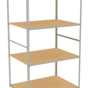 A metal-framed shelving unit with four wooden shelves, evenly spaced. The structure is freestanding and has a simple, industrial design, suitable for storage in a garage or warehouse. The shelves are a light brown color.