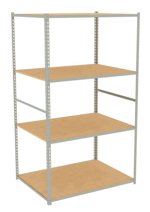 A metal-framed shelving unit with four wooden shelves, evenly spaced. The structure is freestanding and has a simple, industrial design, suitable for storage in a garage or warehouse. The shelves are a light brown color.