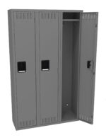 A set of three gray metal lockers, with two doors closed and one door open, revealing an empty interior. The lockers have ventilation slits at the top and bottom of each door and black handles.