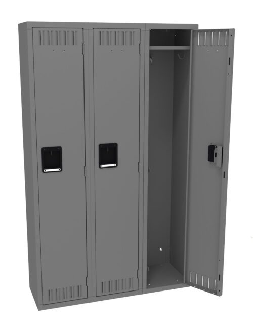 A set of three gray metal lockers, with two doors closed and one door open, revealing an empty interior. The lockers have ventilation slits at the top and bottom of each door and black handles.
