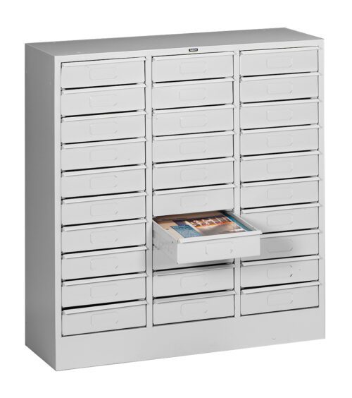 Gray multi-drawer storage cabinet with 30 small rectangular drawers, one of which is open revealing neatly stacked brochures inside. The drawers feature label holders and recessed handles.