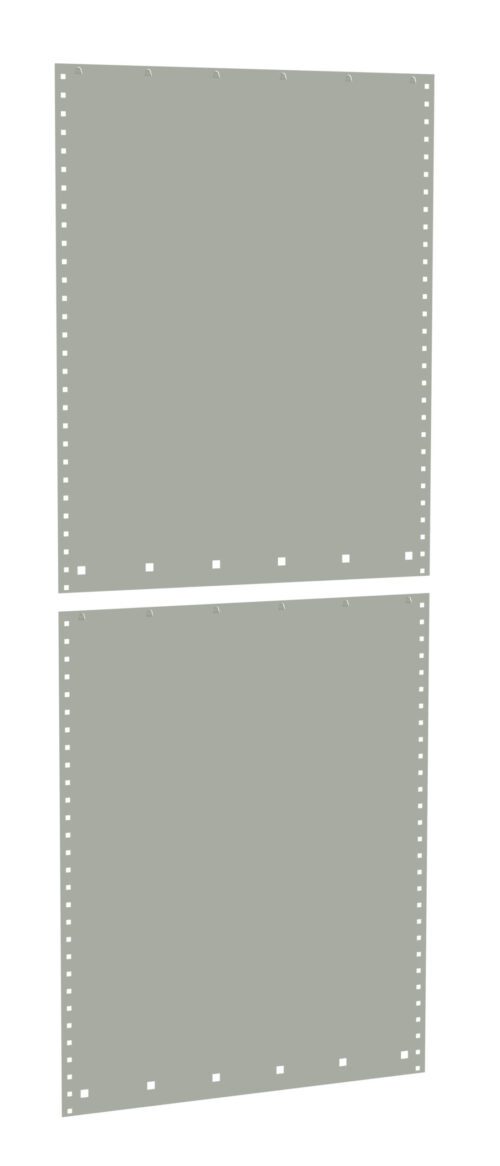 Two blank sheets of continuous feed perforated computer paper. The sheets are aligned vertically with small, evenly spaced perforations along the edges for use in tractor-fed printers.