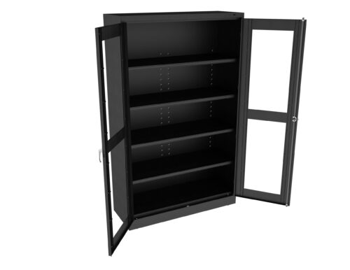A black metal storage cabinet with glass doors is open, revealing five adjustable shelves inside. The cabinet appears to be empty and is designed for organized storage in an office or home setting.