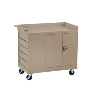 A beige rolling utility cart with a flat top, five small drawers on the left, and a two-door cabinet on the right. The cart has four wheels, a side handle, and a lock on the cabinet doors.