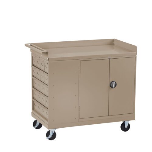 A beige rolling utility cart with a flat top, five small drawers on the left, and a two-door cabinet on the right. The cart has four wheels, a side handle, and a lock on the cabinet doors.
