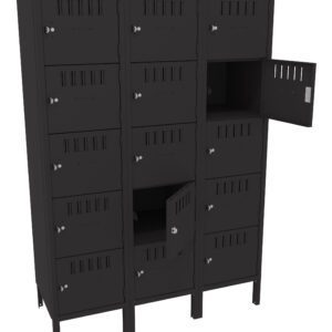 A black locker unit with three columns and four rows. Each locker has a small circular lock. Two lockers are open, revealing empty interior compartments. The design features vent slits on each door.
