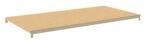 A rectangular, light brown wooden shelf with beige metal brackets on both ends, designed for mounting on a wall or within a shelving unit. The shelf surface appears smooth and flat.
