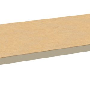 A rectangular, light brown wooden shelf with beige metal brackets on both ends, designed for mounting on a wall or within a shelving unit. The shelf surface appears smooth and flat.