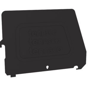 Black Tennsco shelf with raised logo, featuring mounting holes on the edges.