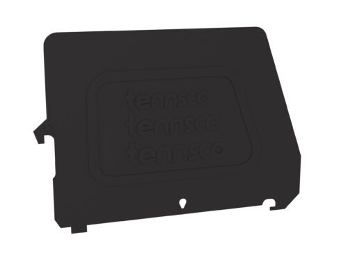 Black Tennsco shelf with raised logo, featuring mounting holes on the edges.