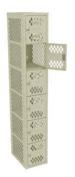 A beige metal locker unit with six compartments, each featuring a diamond-patterned mesh door. The top door is open, revealing the empty interior. The design allows for visibility and ventilation inside the lockers.