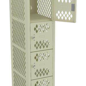 A beige metal locker unit with six compartments, each featuring a diamond-patterned mesh door. The top door is open, revealing the empty interior. The design allows for visibility and ventilation inside the lockers.
