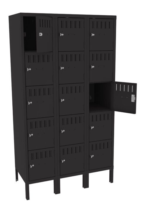 svtbdublsgfyt2s4gl5x.jpg A black metal locker with three columns and multiple rows of small compartments, some of which are open. Each compartment has a keyhole and a handle. The locker is elevated on legs.