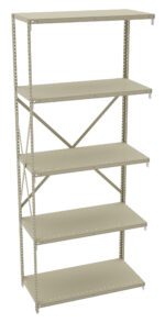 A beige metal shelving unit with five adjustable shelves, featuring perforated edges and cross bracing for stability. The shelves are evenly spaced, providing ample storage space.