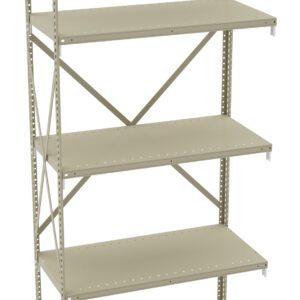 A beige metal shelving unit with five adjustable shelves, featuring perforated edges and cross bracing for stability. The shelves are evenly spaced, providing ample storage space.